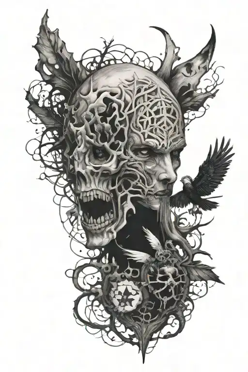 A surreal tattoo combining elements from Silent Hill 2 creatures and The Witcher, with a dark, eerie and aggressive vibe tattoo design idea