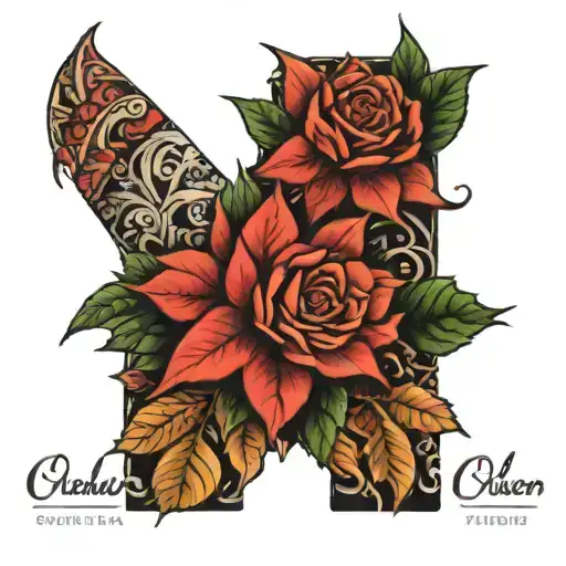 Sleeve tattoo with poinsettia flowers, roses , plants and the name Obelisa Torres 01-02-1957 - 10-31-2023 tattoo design idea