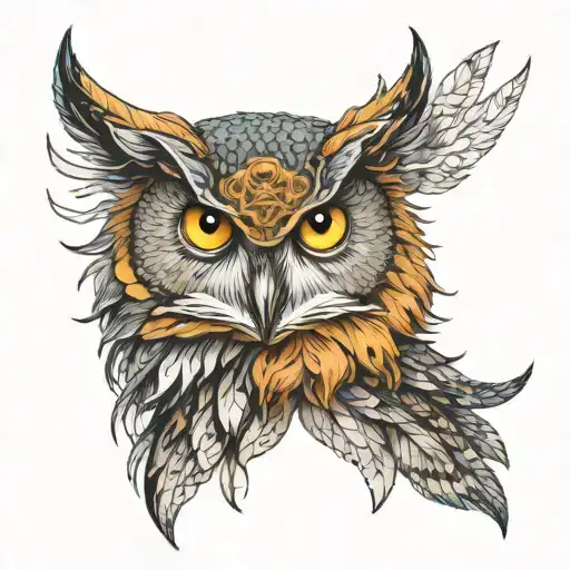 A mystical, vintage owl-wolf hybrid, mixing feathery and furry textures, in a classic old school illustration style remi tattoo design idea