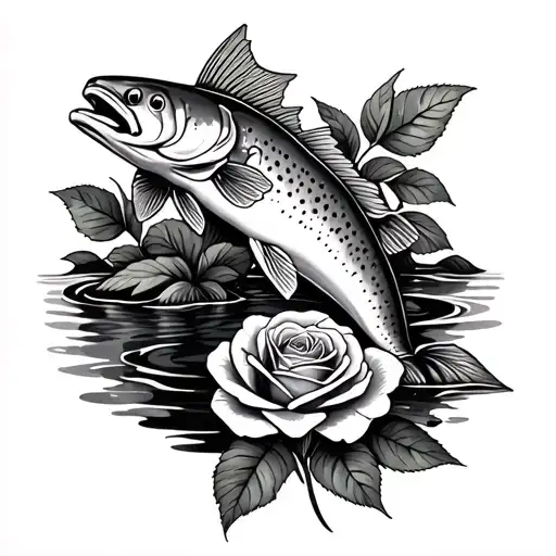 rainbow trout with rose in stream of water tattoo design idea