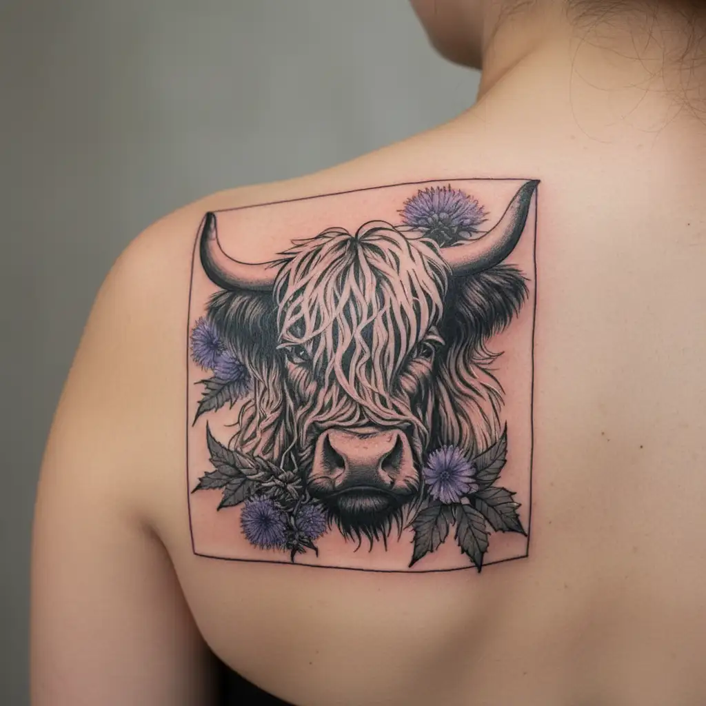 highland cow face with thistle  tattoo design idea