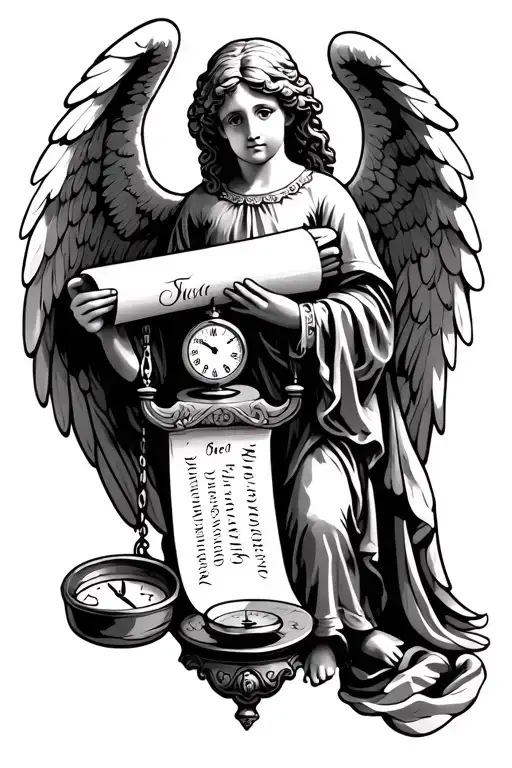 angel holding a scroll with my 2 sons names, old weighing scales showing the weights, old pocket watch. tattoo design idea