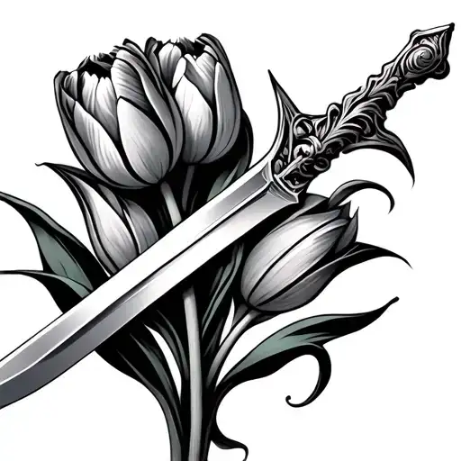 fancy sword with about 5 tulips on it some open some closed tattoo design idea