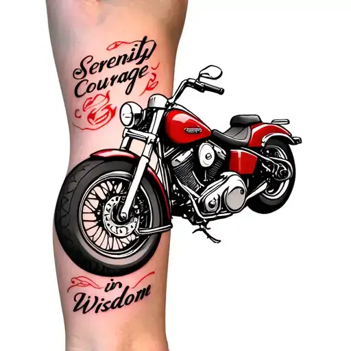 Inner forearm tattoo of:- serenity prayer in black with “serenity”, “courage”, and “wisdom” in red- cartoon motorcycle tattoo design idea