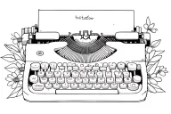 typewriter with torn pages inside and flowers around it  tattoo design idea