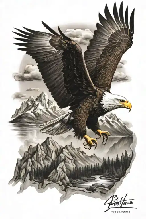 mountain landscape with bald eagle soaring tattoo design idea