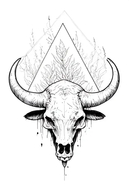 Absurdism, buffalo, skulls, upside down triangle shape, nature reclaiming humanity tattoo design idea
