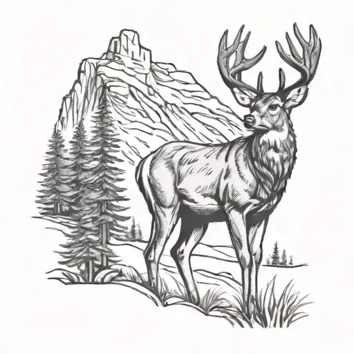 A majestic whitetail deer standing in a mountain landscape tattoo design idea