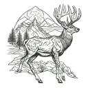 A majestic whitetail deer standing in a mountain landscape tattoo design idea