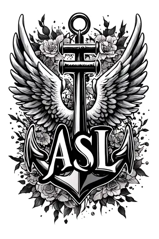 "ASL" Anchor angel wings tattoo design idea