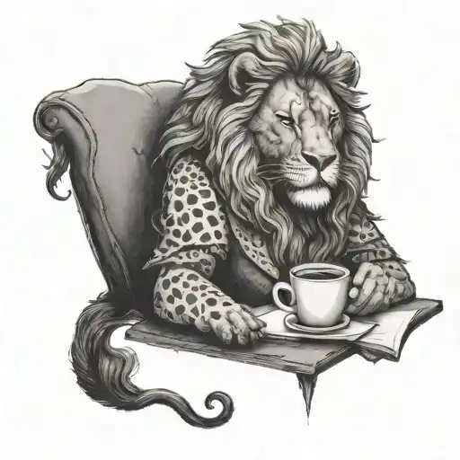 A lion enjoying an iced coffee while reading a book tattoo design idea