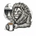 A lion enjoying an iced coffee while reading a book tattoo design idea