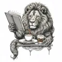 A lion enjoying an iced coffee while reading a book tattoo design idea