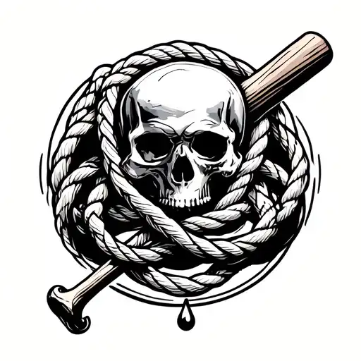 omega symbol intertwined with a hangman's noose, baseball bat, skull and oil drop tattoo design idea