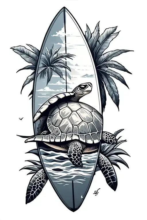 surf board with beach inside with a sea turtle tattoo design idea