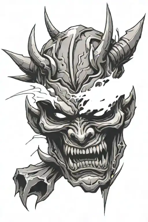 Broken Oni mask with skull inside tattoo design idea