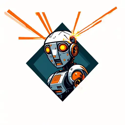 box shaped vintage robot shooting lasers out of eyes. background is a diamond with orange shading. the robot is within tattoo design idea