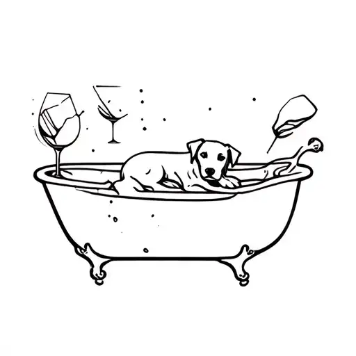 dog in bath tub and broken wine glass tattoo design idea