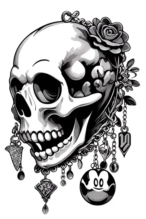mickey Mouse skull with Disney charms hanging tattoo design idea