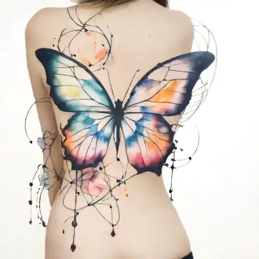 watercolor tattoo with geometric black lines. tattoo is on the back of a woman. tattoo has a mandala flower, butterfly,  tattoo design idea