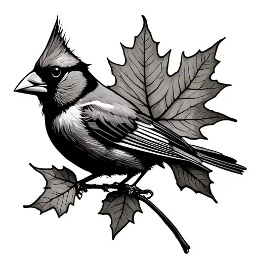 black and white cardinal with maple leafs tattoo design idea