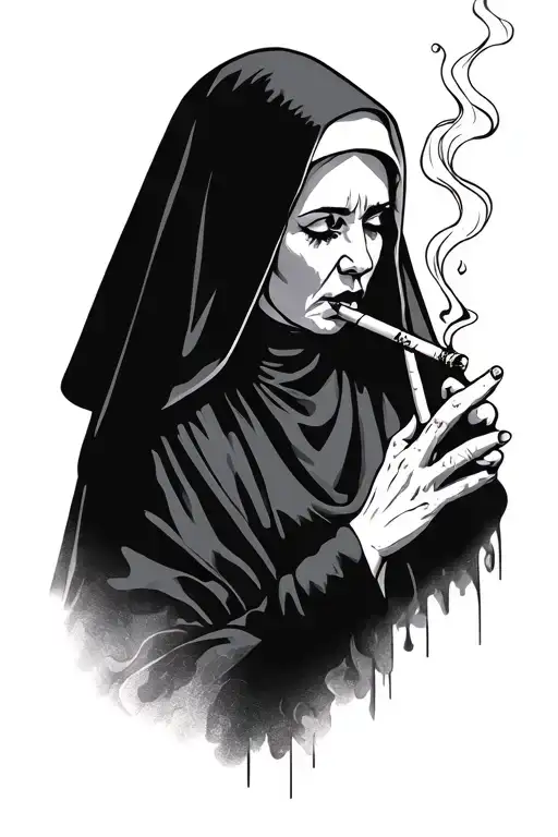 the nun smoking a cigarette burning black tattoo design idea