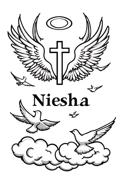 the name niesha, the cross, the bible verse, doves flying, clouds, halo , angel wings  tattoo design idea