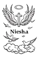 the name niesha, the cross, the bible verse, doves flying, clouds, halo , angel wings  tattoo design idea