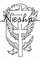 the name niesha, the cross, the bible verse, doves flying, clouds, halo , angel wings  tattoo design idea
