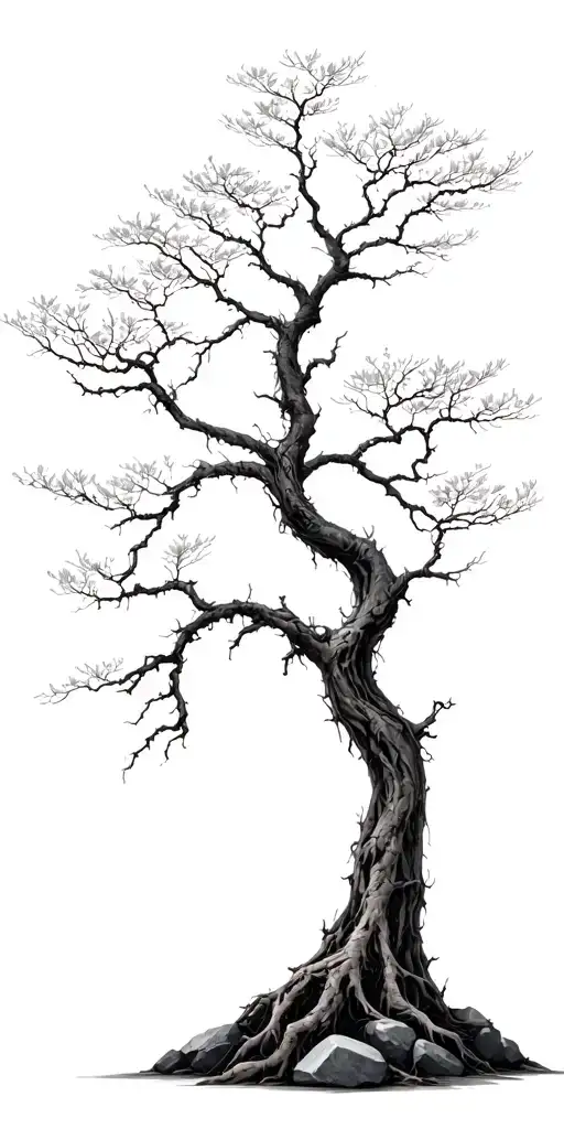 tall dead bonsai tree many branches and twigs rough bark roots gripping rocks. black grey padded structure tattoo design idea