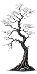 tall dead bonsai tree many branches and twigs rough bark roots gripping rocks. black grey padded structure tattoo design idea