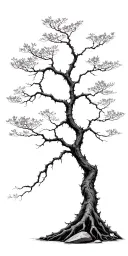 tall dead bonsai tree many branches and twigs rough bark roots gripping rocks. black grey padded structure tattoo design idea