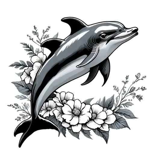 "Sissy" dolphin jumping with flowers tattoo design idea