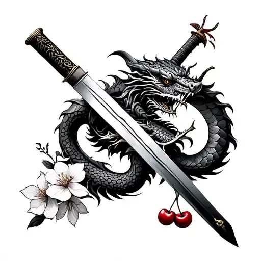broken samurai sword wrapped with a dragon and cherry blossom tattoo design idea
