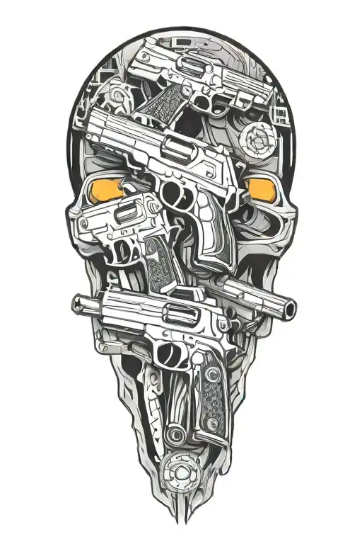 futuristic vigilante movie logo with guns tattoo design idea