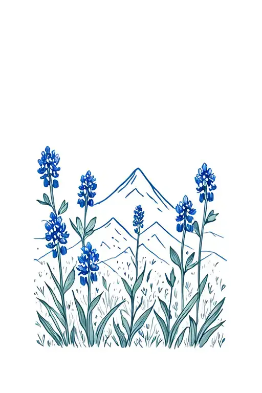 Bluebonnets with Rocky mountains in the back. tattoo design idea