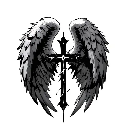 broken angel wings with an upside down cross below tattoo design idea