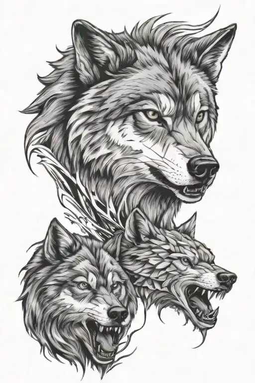 angry wolf face mixed with bear face tattoo design idea