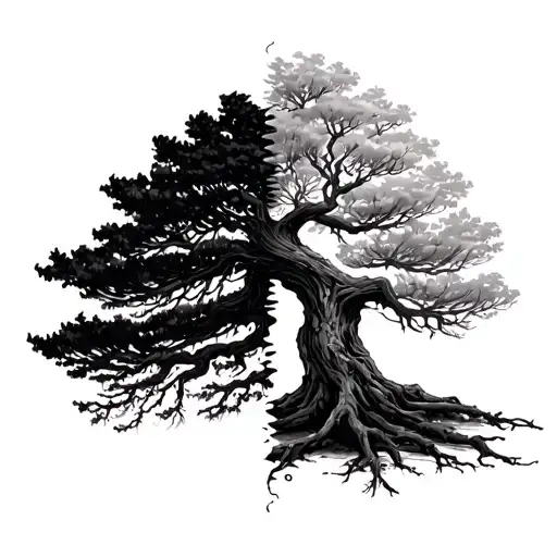tree with half the braches dead and half alive tattoo design idea