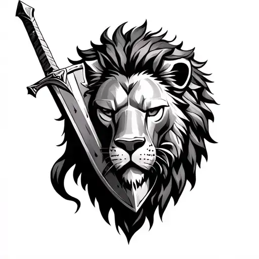 Knight holding sword and Shield as a lion's head tattoo design idea