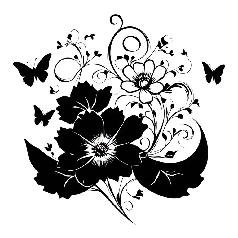 swirling pattern with flowers and butterflies flying to cover breast implant scars. fine lines and not bulky  tattoo design idea