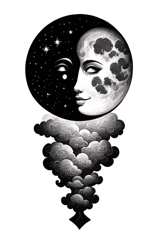 psychadelic clouds fantasy smiling moon tattoo design idea