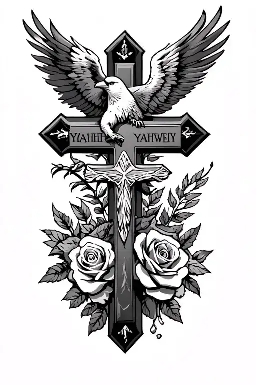 cross, with a cardinal, eagle, and roses, and Yahweh  tattoo design idea