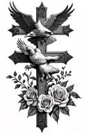 cross, with a cardinal, eagle, and roses, and Yahweh  tattoo design idea
