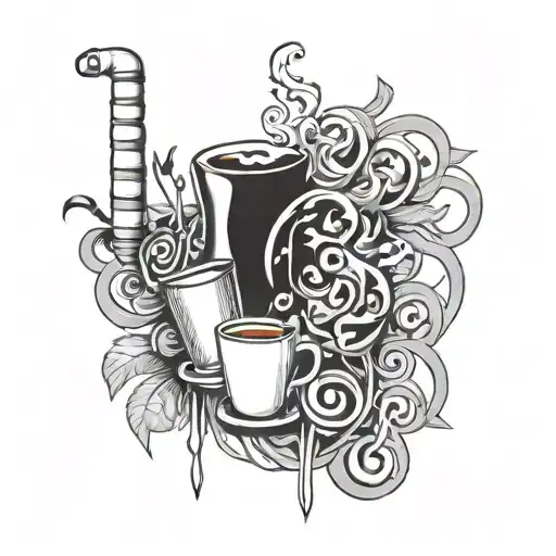 An abstract tattoo design inspired by the elements of alcohol, cigarettes, and coffee, blended together in a unique pattern tattoo design idea