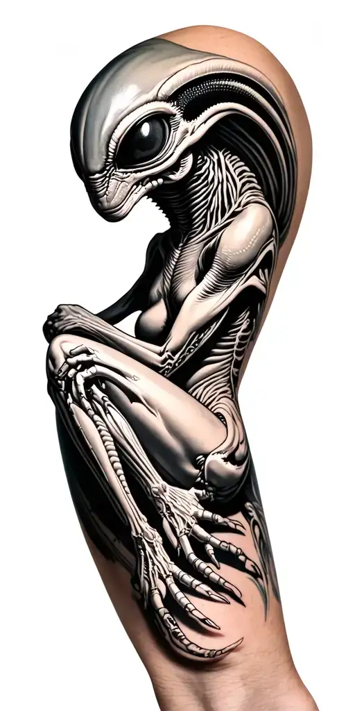 3d alien animal sitting on arm sleeve tattoo design idea