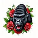 gorilla roaring with roses blooming tattoo design idea