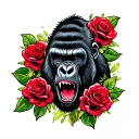 gorilla roaring with roses blooming tattoo design idea