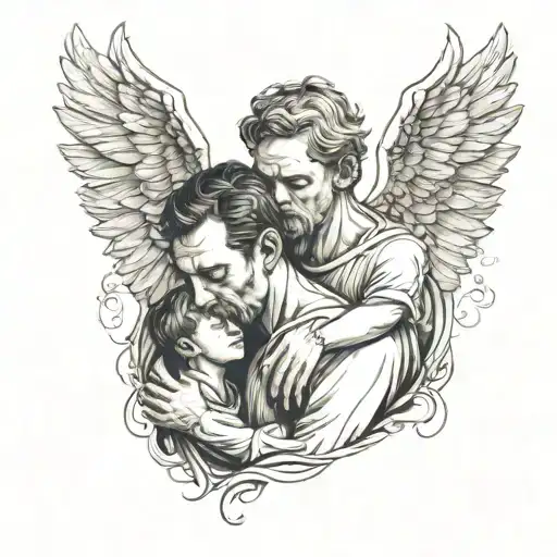 A detailed portrait of a father and son embracing, with angel wings and halos above their heads tattoo design idea