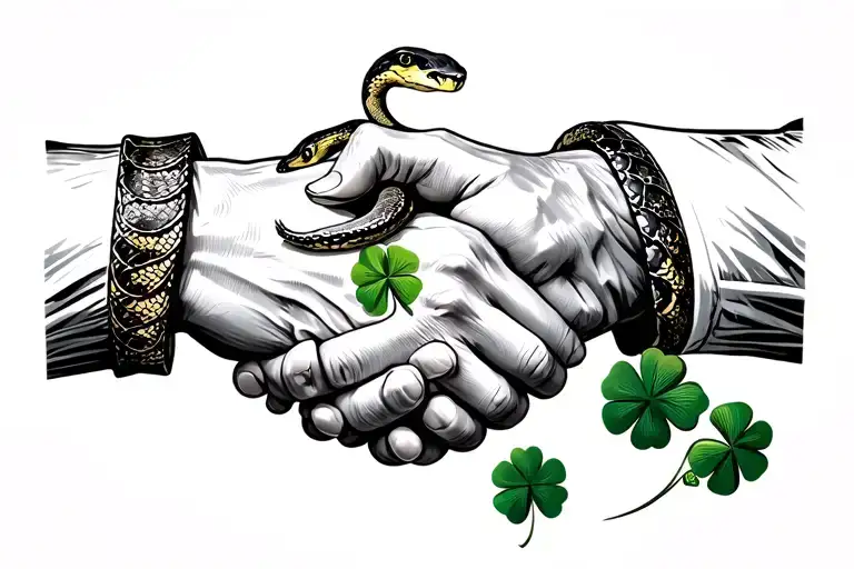 a handshake where one is a snake the other is a hand with a four leaf clover cuff link tattoo design idea